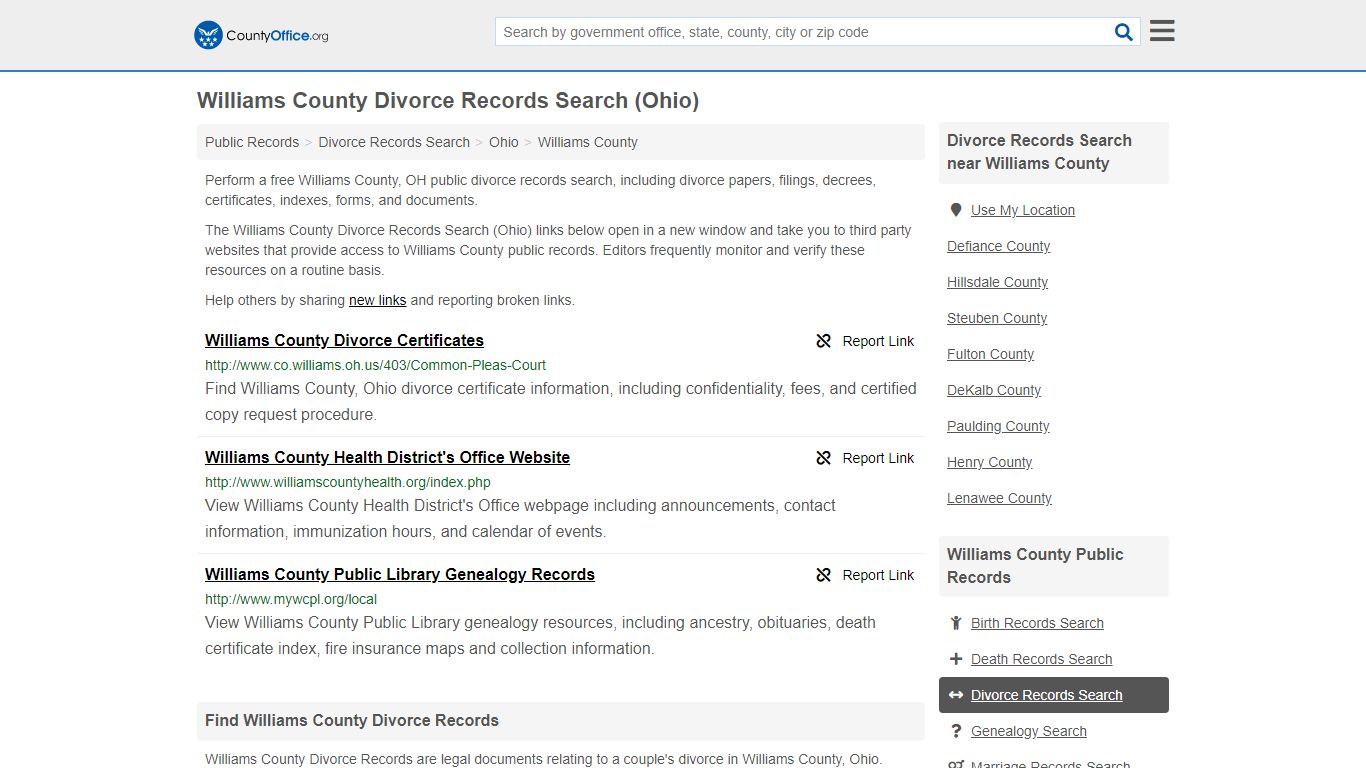 Williams County Divorce Records Search (Ohio) - County Office